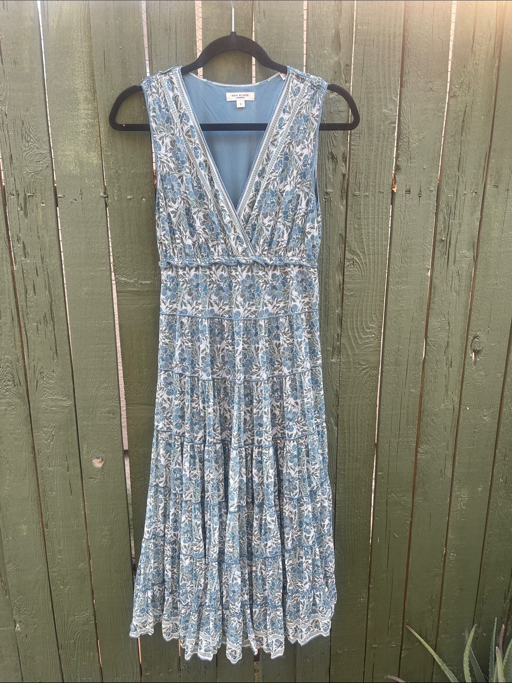 Max Studio Blue Floral V-Neck Tiered Maxi Dress